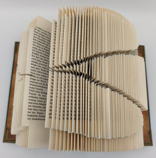 Aufgeschlagenes gefaltetes Buch mit Kleeblatt, Detailansicht der gefalteten Seiten von oben